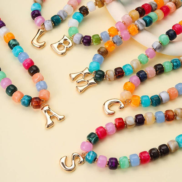 JOSSLYN by wall to wall - Multi Chunky Beaded Initial Charm Necklace Set | 40NK9655