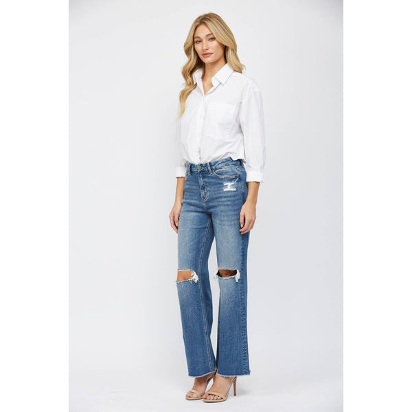 Mica Denim - Super Wide Leg Distressed Jeans