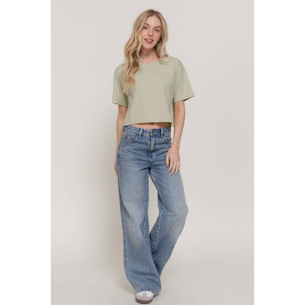 Short Sleeve Crew Neck Oversize Crop Cotton Knit Tee