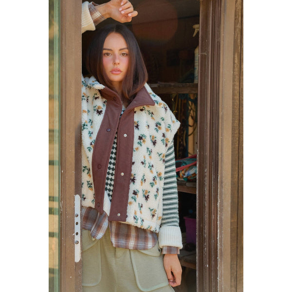 Floral Sherpa Vest With Corduroy