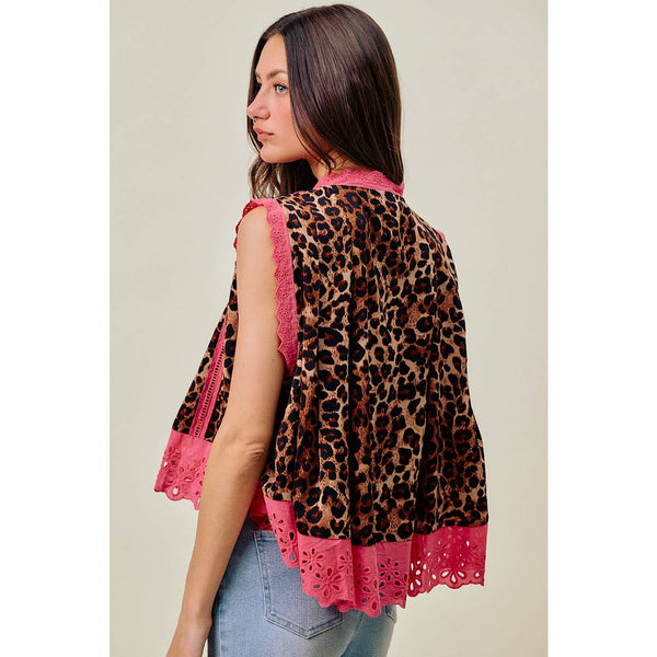 So Me - LEOPARD BUTTON UP PLEATED SLEEVELESS BLOUSE TOP