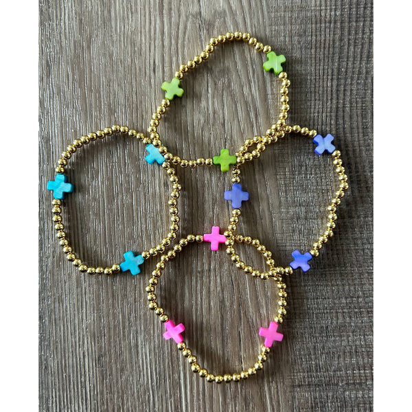 Gold with Colored Cross Beaded Stretch Bracelet