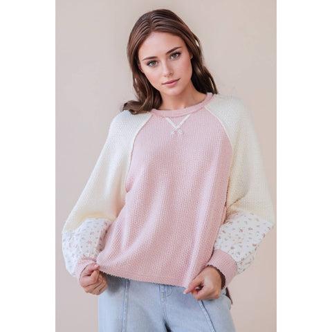 Raglan Sleeve Color Block Casual Textured Knit Top