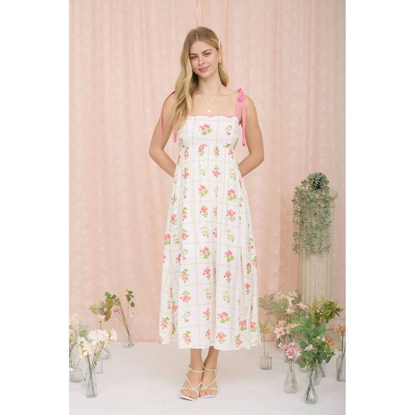 FLORAL TILE PATTERN SCALLOPED TIE STRAP MIDI DRESS