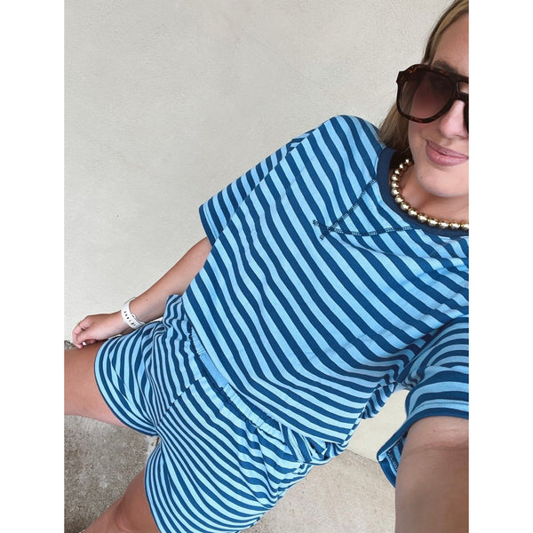 Stripe Short Sleeve Pullover Elastic Waist Short Set