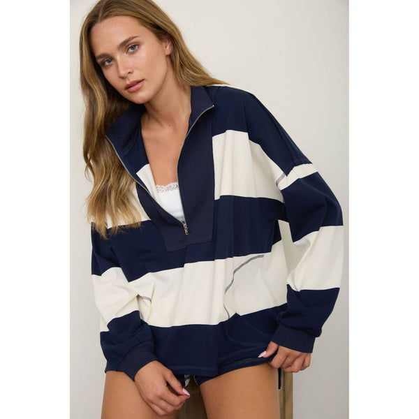 Wide Stripe Half Zip Top With Matching Shorts