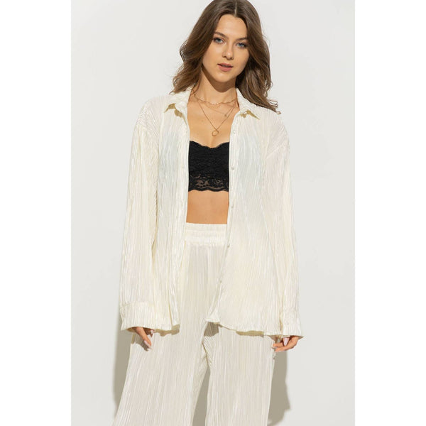 Accordion Pleat Button Blouse Pant Lounge Set