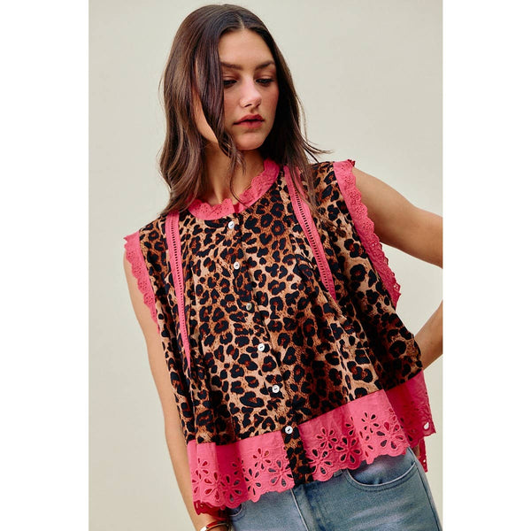 So Me - LEOPARD BUTTON UP PLEATED SLEEVELESS BLOUSE TOP