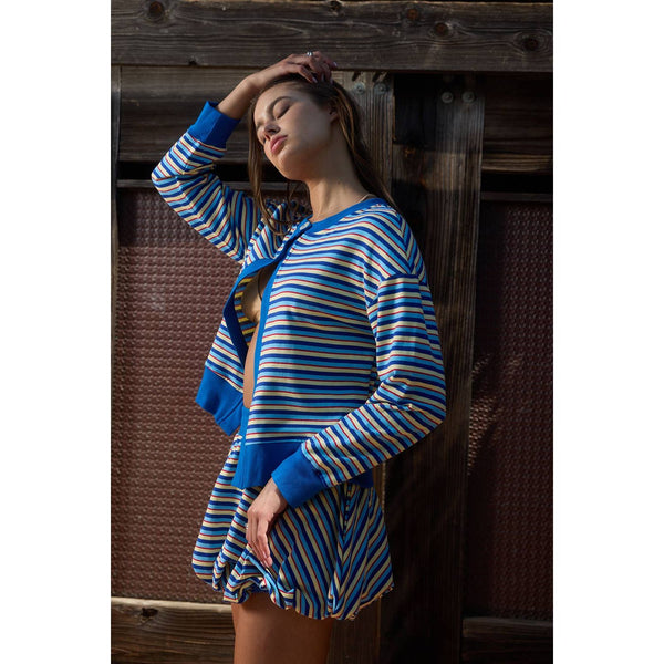 Vibrant Multi-Stripe Dual-Button Knit Cardigan With Bubble Skirt