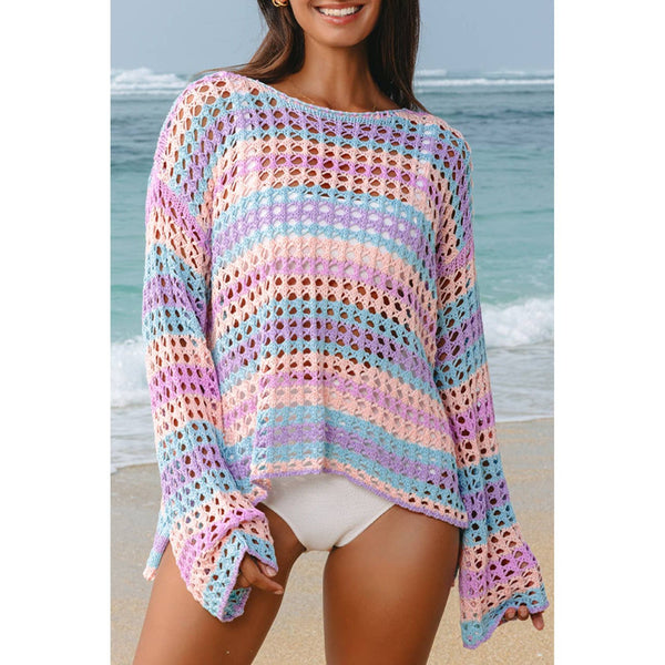 Multi Stripe Open Knit Sweater Beach Cover Up