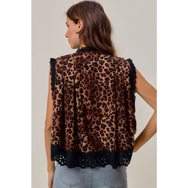So Me - LEOPARD BUTTON UP PLEATED SLEEVELESS BLOUSE TOP