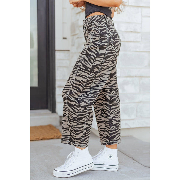 Zebra Stripe Denim Wide Barrel Leg Jeans