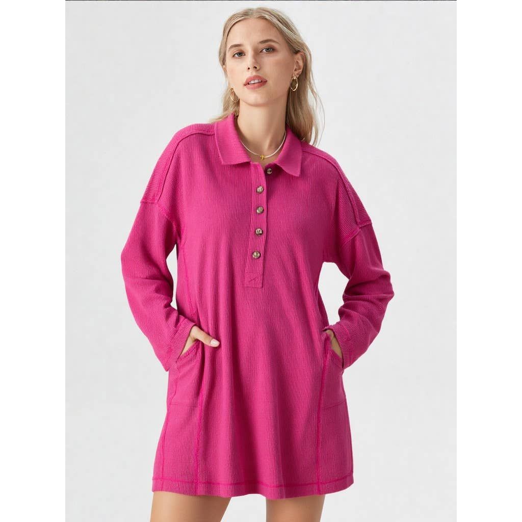 Casual Shirt Collared Knit Henley Mini Dress