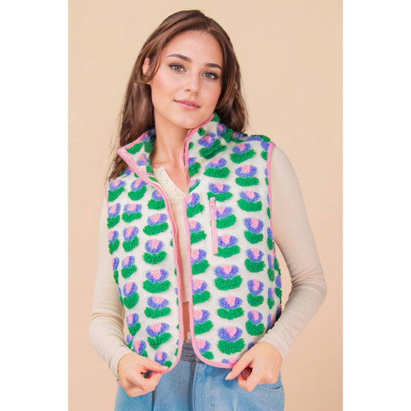 Textured Bow & Floral Printed Vest