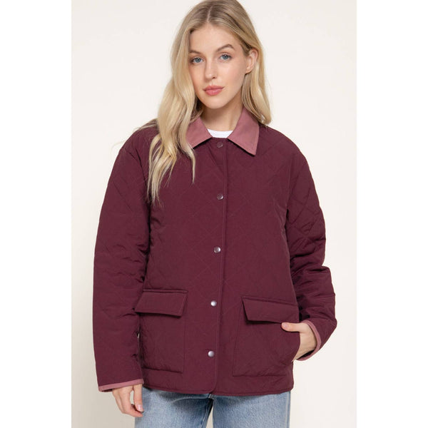 Long Sleeve Lapel Collar Quilted Puffer Jacket