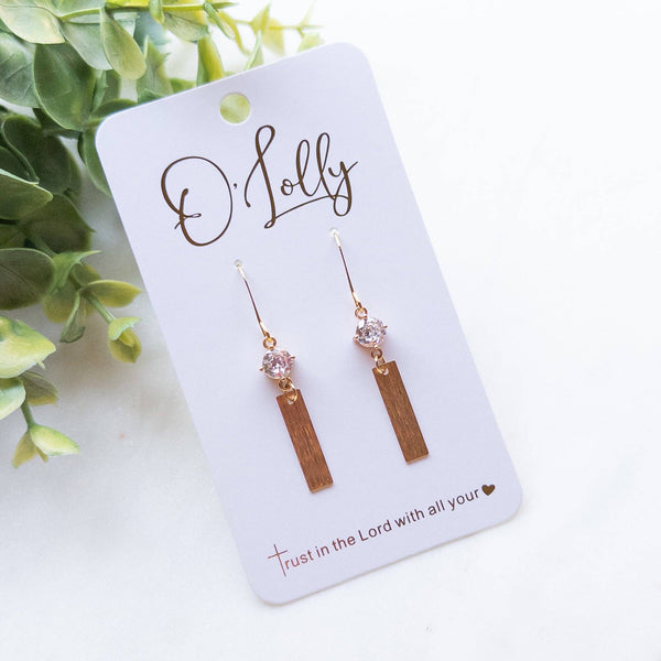 O’Lolly Jewelry - Dainty Glass Stone w/Gold Bar Dangle Earrings