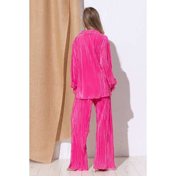Accordion Pleat Button Blouse Pant Lounge Set