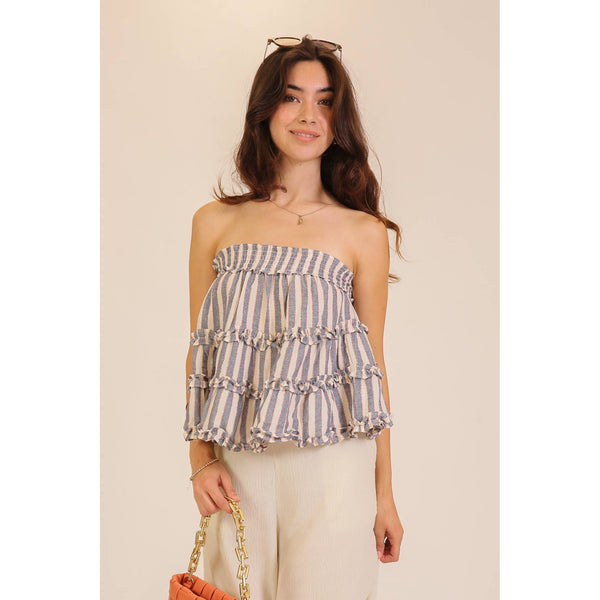 Ruffled Tiered Stripe Strapless Top