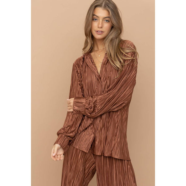 Accordion Pleat Button Blouse Pant Lounge Set