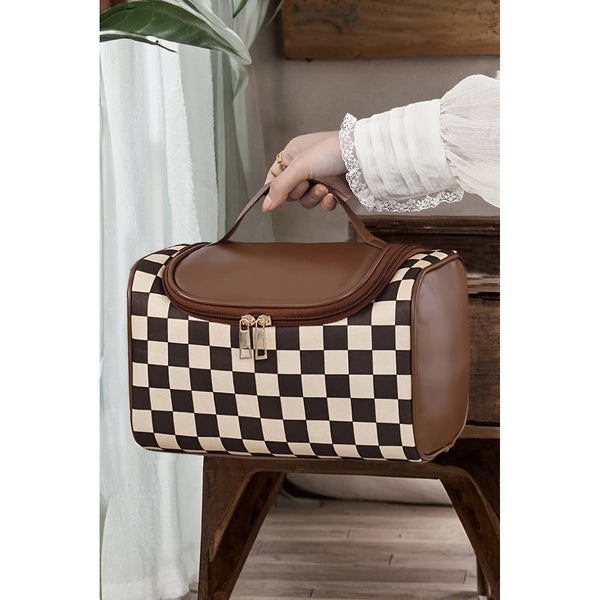 Checkered PU Leather Zipper Makeup Bag