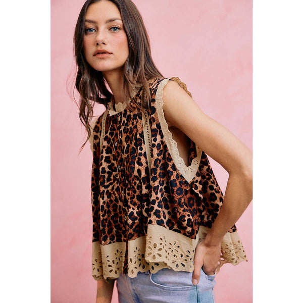 So Me - LEOPARD BUTTON UP PLEATED SLEEVELESS BLOUSE TOP