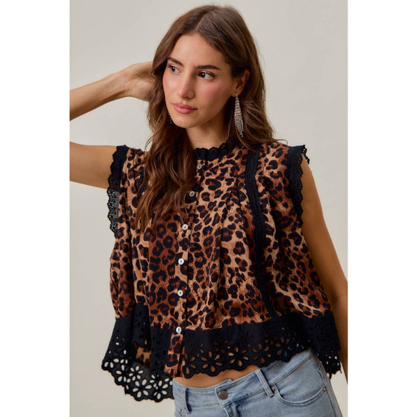 So Me - LEOPARD BUTTON UP PLEATED SLEEVELESS BLOUSE TOP