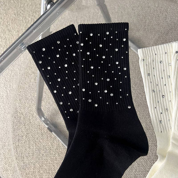 Rhinestone Ribbed Simple Cotton Socks