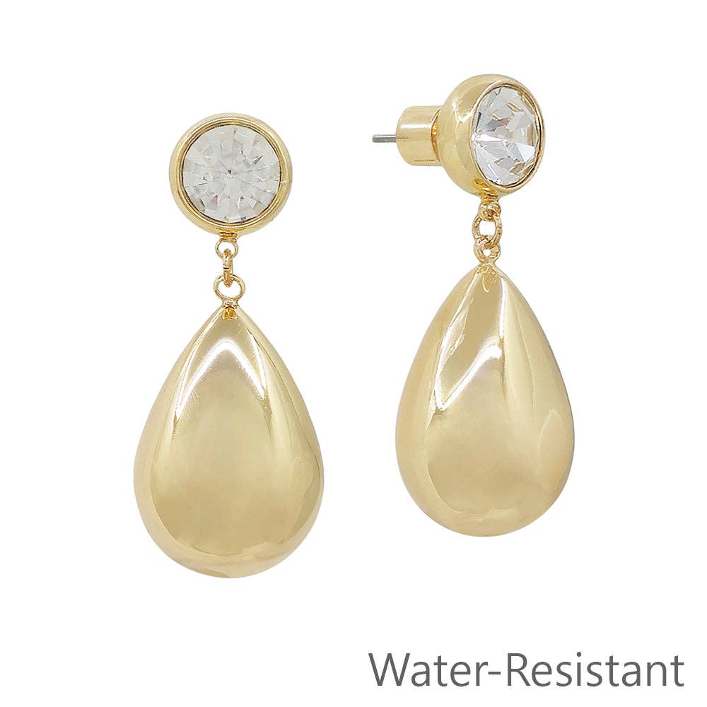 Water Resistant Clear Rhinestone Stud with Gold Teardrop Drop Earring