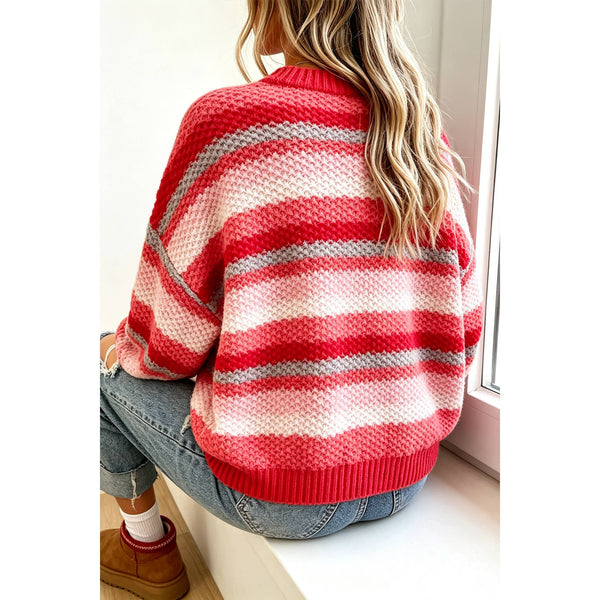 1 the Woman - Rainbow Striped Knit Round Neck Puff Sleeve Sweater