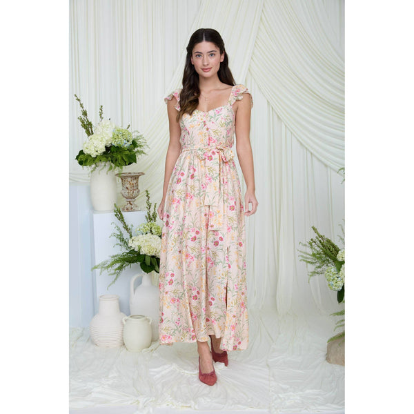 FLORAL WAIST TIE FRONT SLIT SLEEVELESS MIDI DRESS