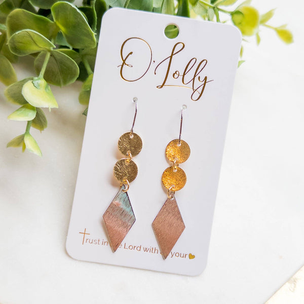 Gold & Silver Mixed- Textured Gold Discs w/Silver Diamond Shaped Dangle
