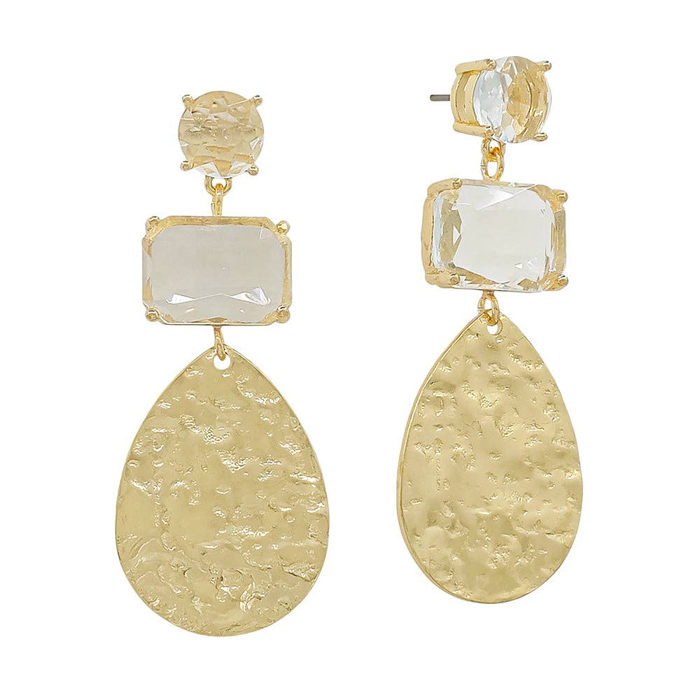 Hammered Teardrop with Clear Rectangle Stone Drop Earring