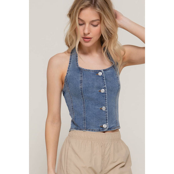 Button Down Stretch Denim Halter Top