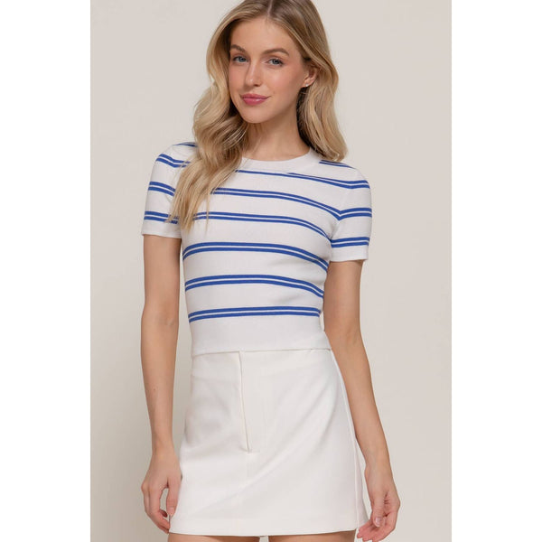 Short Sleeve Crew Neck Striped Sweater