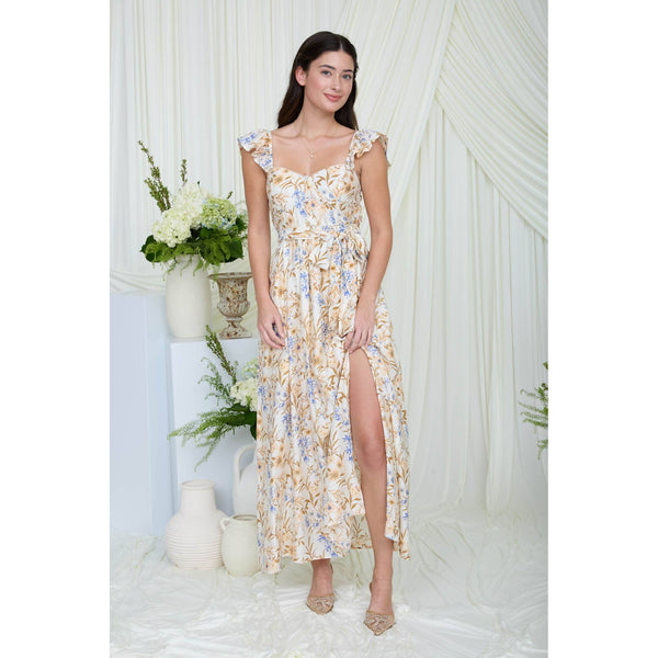 FLORAL WAIST TIE FRONT SLIT SLEEVELESS MIDI DRESS