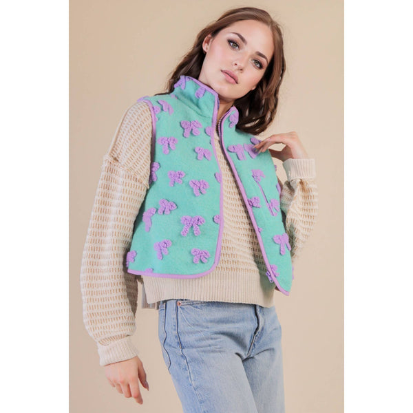 Textured Bow & Floral Printed Vest