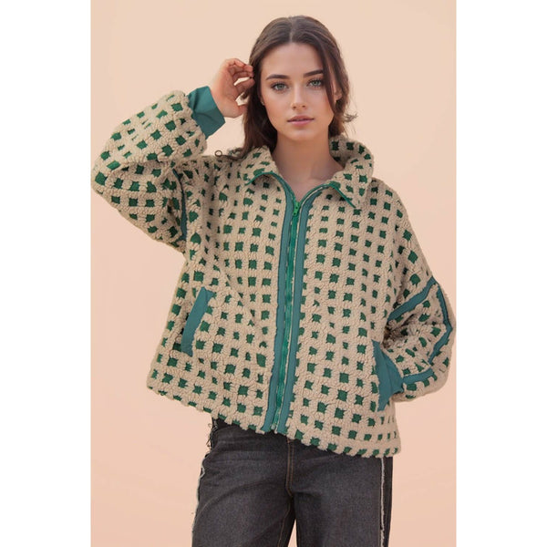 Oversized Checker Fleece Jacket