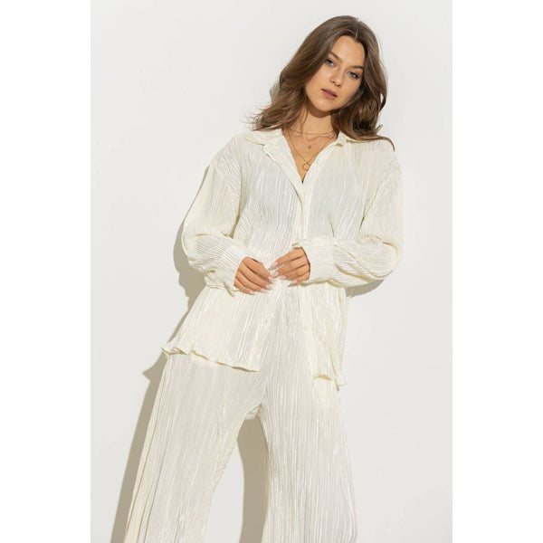 Accordion Pleat Button Blouse Pant Lounge Set