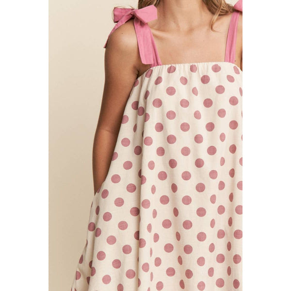 A-line Polka-dot Sleeveless Mini Dress - Dusty Pink