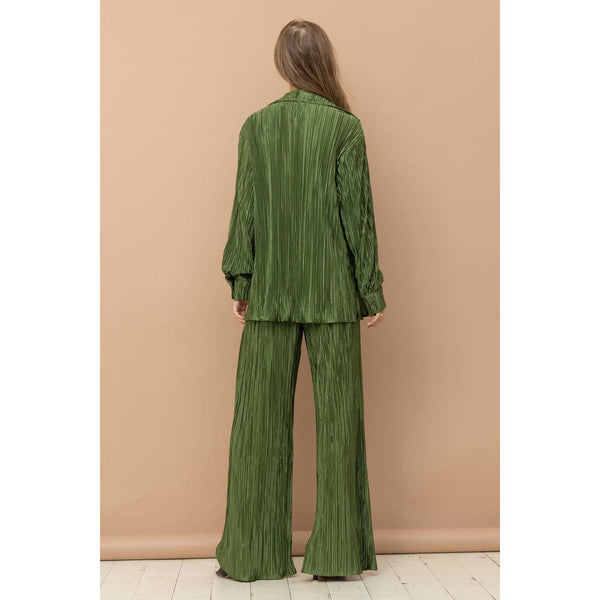 Accordion Pleat Button Blouse Pant Lounge Set