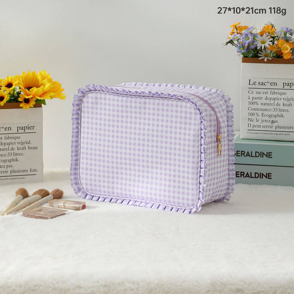 RUFFLE CHECKER STRIPE COSMETIC TRAVEL POUCH BAG