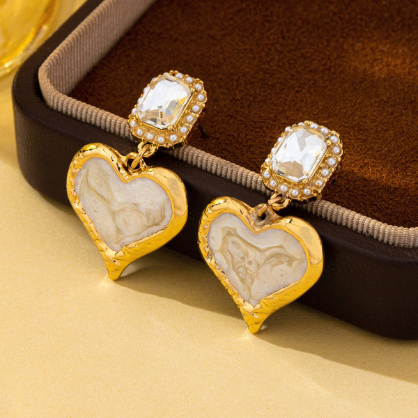Marbled Enamel Heart Crystal Drop Earrings