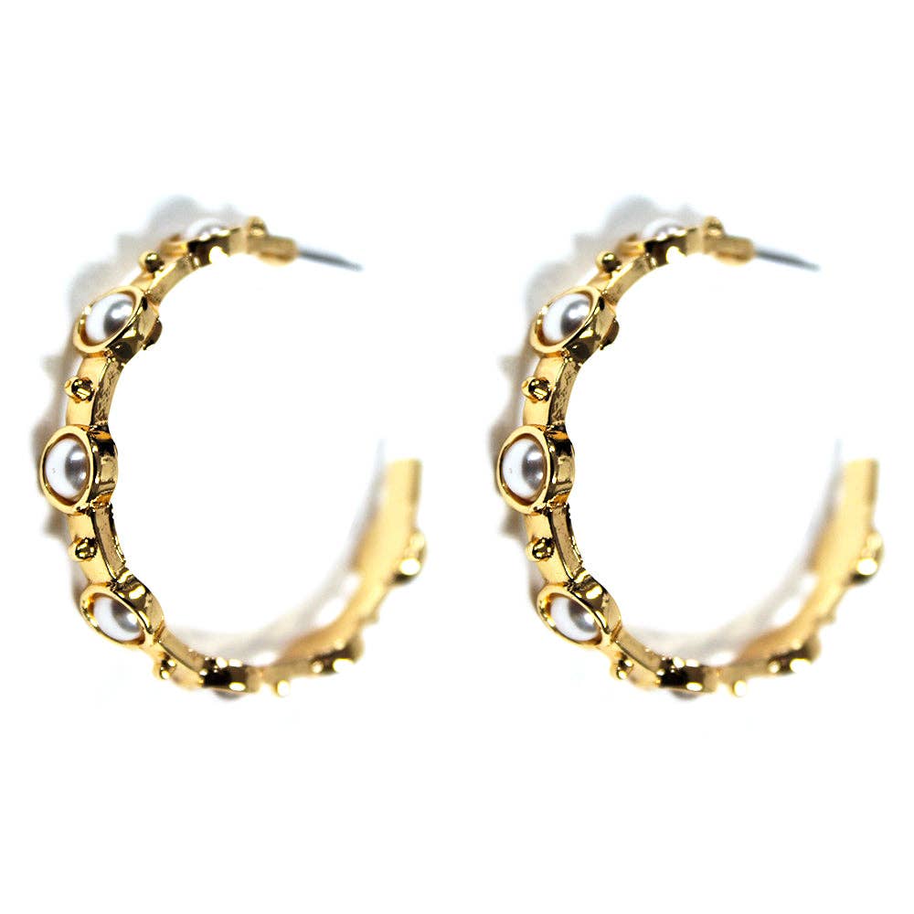 Hammered Gold Hoop with Pearl Studded Stone Earring