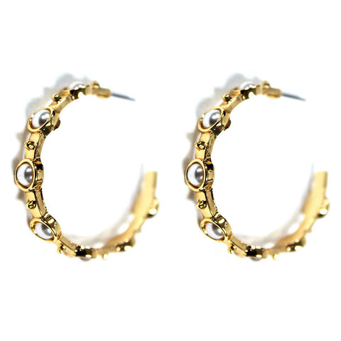 Hammered Gold Hoop with Pearl Studded Stone Earring