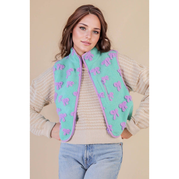 Textured Bow & Floral Printed Vest