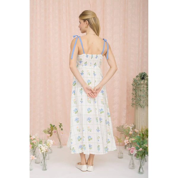 FLORAL TILE PATTERN SCALLOPED TIE STRAP MIDI DRESS