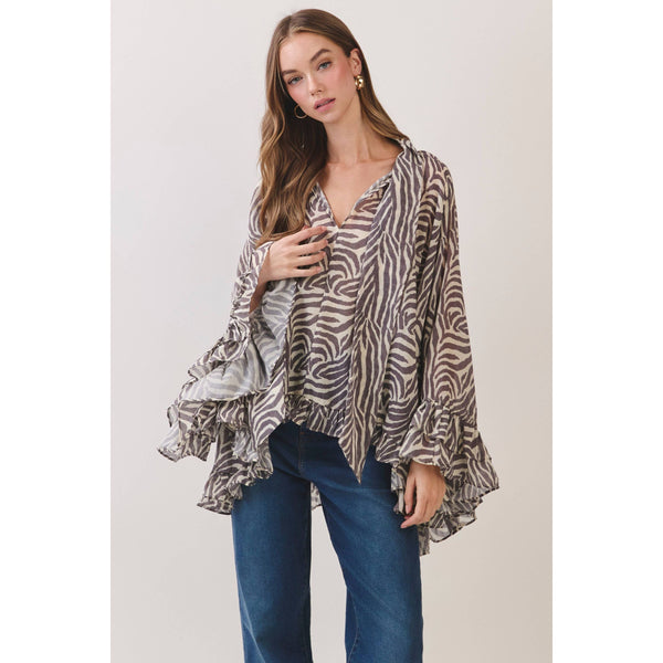 TCEC - CT10165-Zebra Print Ruffle Detail High Low Hem Blouse