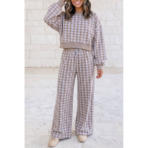 1 the Woman - Plaid Drop Shoulder Top RibbedTrim 2 Pcs Pant Set S-4X