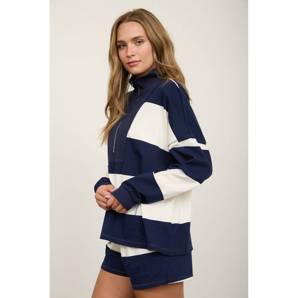 Wide Stripe Half Zip Top With Matching Shorts