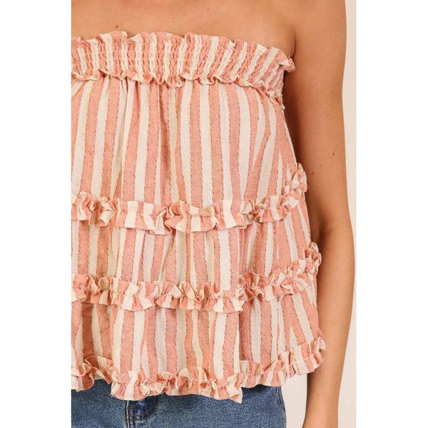 Ruffled Tiered Stripe Strapless Top